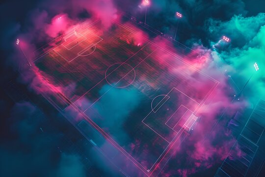 Aerial View of Textured Soccer Field with Neon Fog, game, aerial view, neon fog, dynamic