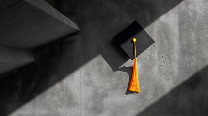 Graduation Cap with Yellow Tassel on Concrete Background Lit by Sunlight
