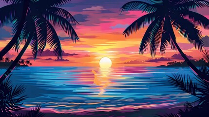 Wall Mural - Stunning Sunset Over Ocean with Palm Trees, palm trees, vibrant colors, reflection, water