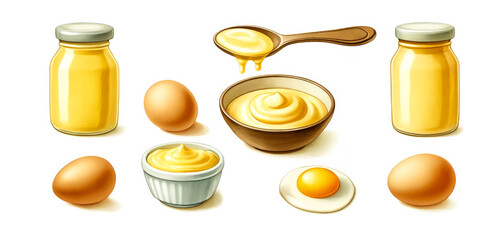 Sticker - A collection of mayonnaise jars, eggs, and a spoon showcasing ingredients and preparation, ideal for culinary recipes, food blogs, or Easter holiday cooking