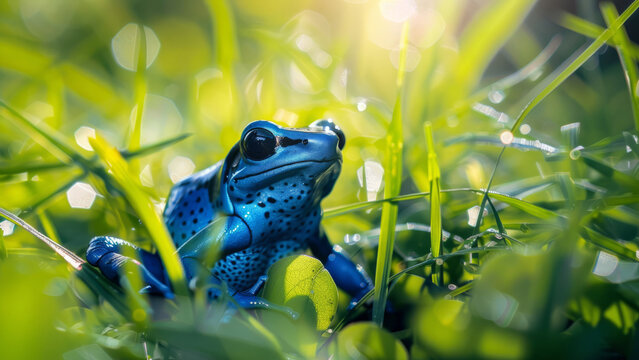 The vivid blue amphibian rests on dewy leaves, capturing the essence of a fresh morning in the grassy meadow.


