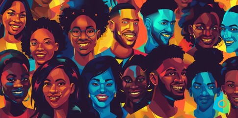 Wall Mural - Colorful illustration of a group portrait of smiling black people with different skin tones on a white background