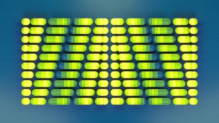 Aufkleber - Digital seamless loop animation of a moving pattern of a group of yellow and green capsules arranged in a rectangle on a blue background. Minimalist, clear and concise design. 3d rendering 4K