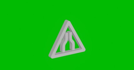 Poster - Animation of rotation of a white road narrowing sign with shadow. Simple and complex rotation. Seamless looped 4k animation on green chroma key background