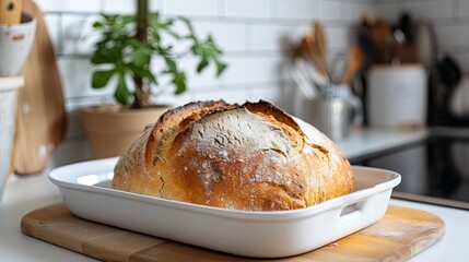 Poster - A soft milk bread loaf rests on a white ceramic tray, its top brushed with a glossy milk wash. The backdrop