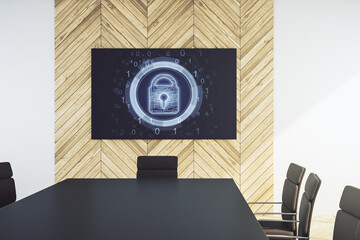 Poster - Creative idea concept with lock symbol and microcircuit illustration on presentation screen in a modern conference room. Protection and firewall concept. 3D Rendering