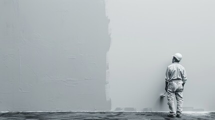 Poster - A worker uses a roller brush to paint a white wall in an apartment during a renovation. Generative AI