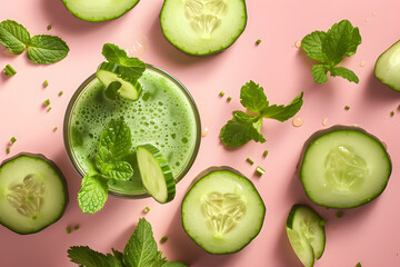 Fresh Cucumber and Mint Juice on Pink Background