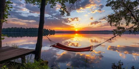 Wall Mural - A red hammock is hanging over a lake at sunset