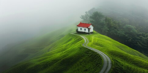 Wall Mural - A small white housef sits on top of a green hill.