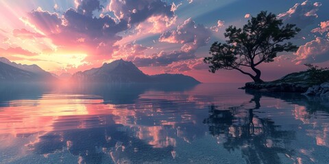 Wall Mural - A beautiful sunset over a lake with a tree in the foreground