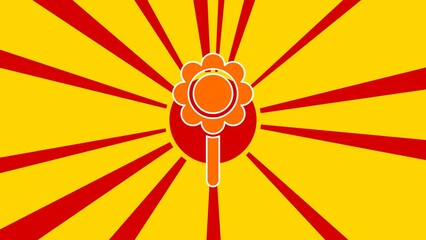 Poster - Chamomile symbol on the background of animation from moving rays of the sun. Large orange symbol increases slightly. Seamless looped 4k animation on yellow background