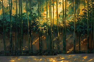 Wall Mural - A tranquil painting of a bamboo forest in Kyoto, with sunlight filtering through the dense foliage and casting shadows