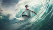 © daniil - young man is surfing on a wave on surfboard, water drops, white and aquamarine, surfing illustration