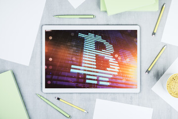 Aufkleber - Top view of modern digital tablet screen with creative Bitcoin symbol hologram. Mining and blockchain concept. 3D Rendering