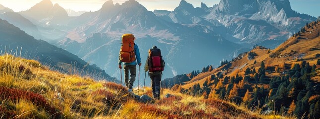 Three colorful hikers with backpacks trekking in an alpine valley, featuring panoramic views, autumn foliage, and majestic mountains under a clear blue sky.