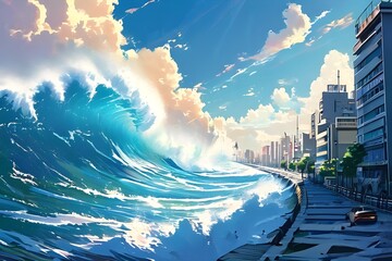 Wall Mural - Huge waves coming towards the coastline in a major city in the middle of the day