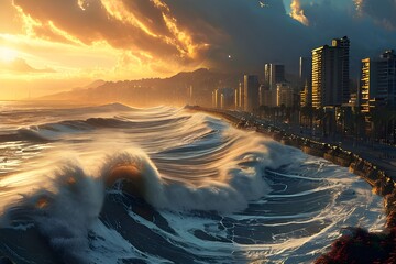 Wall Mural - Huge waves coming towards the coastline in a major city in the middle of the day