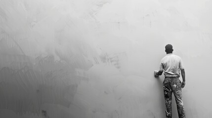 Poster - A worker paints a wall in an apartment using a roller brush. The wall is being renovated with white paint. Generative AI