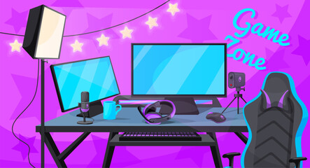Poster - Gamer workplace. Game blogger streamer table in home room, gaming setup communication streaming equipment for player desk computer headphones camera chair, neat illustration