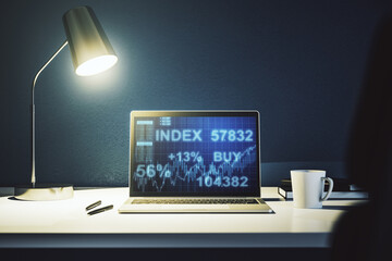 Poster - Modern computer display with abstract financial graph, financial and trading concept. 3D Rendering