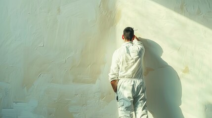 Poster - A worker uses a roller brush to paint a wall white during apartment renovations. Generative AI