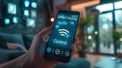 Poster - A person using a smartphone app to control smart home devices, showcasing modern technology and convenience in home automation.