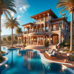 Wall Mural - beautiful Spanish villa with pool and palm trees in the background, blue sky, sunny day, luxury house
