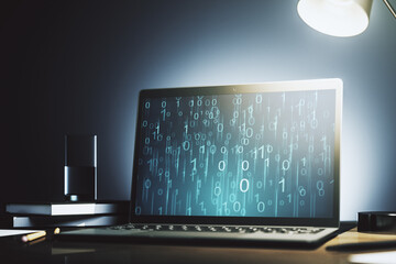 Aufkleber - Creative concept of binary code illustration on modern laptop screen. Big data and coding concept. 3D Rendering