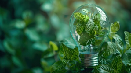 Wall Mural - Creative depiction of a lightbulb filled with verdant leaves, signaling eco-friendly energy and environmental stewardship, against a minimalist green background.
