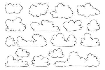 Wall Mural - Collection of abstract flat cartoon and fluffy cloud icons. Set of hand drawn cartoon clouds in flat style.