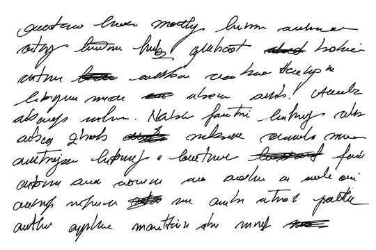 Abstract hand written text in ink for letters. Unreadable text with crossed out words. Illegible text page with mistakes.