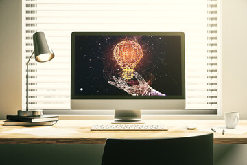 Aufkleber - Creative light bulb illustration on modern computer monitor, future technology concept. 3D Rendering