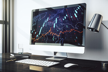 Poster - Abstract creative financial diagram with world map on modern computer monitor, banking and accounting concept. 3D Rendering