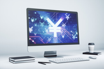 Poster - Modern computer monitor with creative Japanese Yen symbol hologram. Banking and investing concept. 3D Rendering