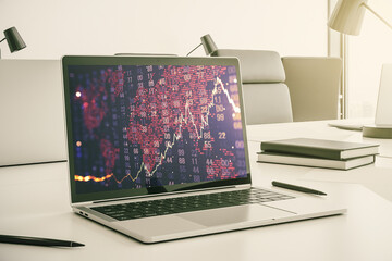 Poster - Abstract creative financial diagram with world map on modern computer monitor, banking and accounting concept. 3D Rendering