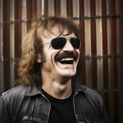 Canvas Print - cheerful mustachioed man laughing, sunglasses, long hair, close-up portrait