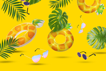 Wall Mural - Summer party. Inflatable rings, sunglasses and tropical leaves in air on yellow background