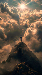 Wall Mural - A man is standing on a mountain with a cross on his chest. The sky is filled with clouds and the sun is shining brightly