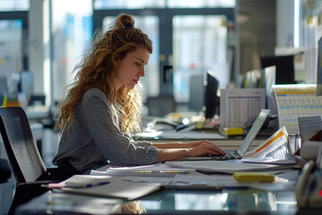 Poster -  Woman Accountant Utilizing Accounting Software in Contemporary Office Setting to Manage Budgets and Audit Financial Accounts