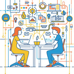 Fototapete - line art vector illustration of two people working on laptops in an office