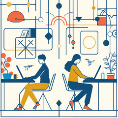 Fototapete - line art vector illustration of two people working on laptops in an office