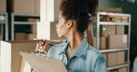 Sticker - Business woman, inventory and checklist with clipboard in logistics for counting stock or boxes at store. Female person or owner checking packages, parcel or shipment for order, delivery or cargo