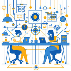 Fototapete - line art vector illustration of two people working on laptops in an office