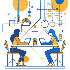 Fototapete - line art vector illustration of two people working on laptops in an office