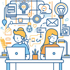Fototapete - line art vector illustration of two people working on laptops in an office