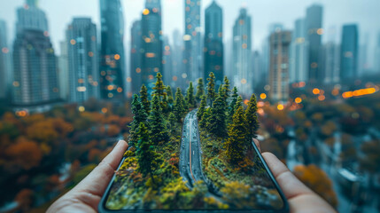 Poster - Hands holding a smartphone capturing a cityscape with autumn trees and a wet road