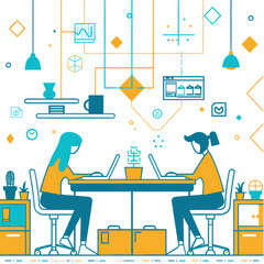 Fototapete - line art vector illustration of two people working on laptops in an office