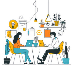 Fototapete - line art vector illustration of two people working on laptops in an office