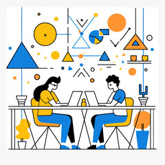 Fototapete - line art vector illustration of two people working on laptops in an office
